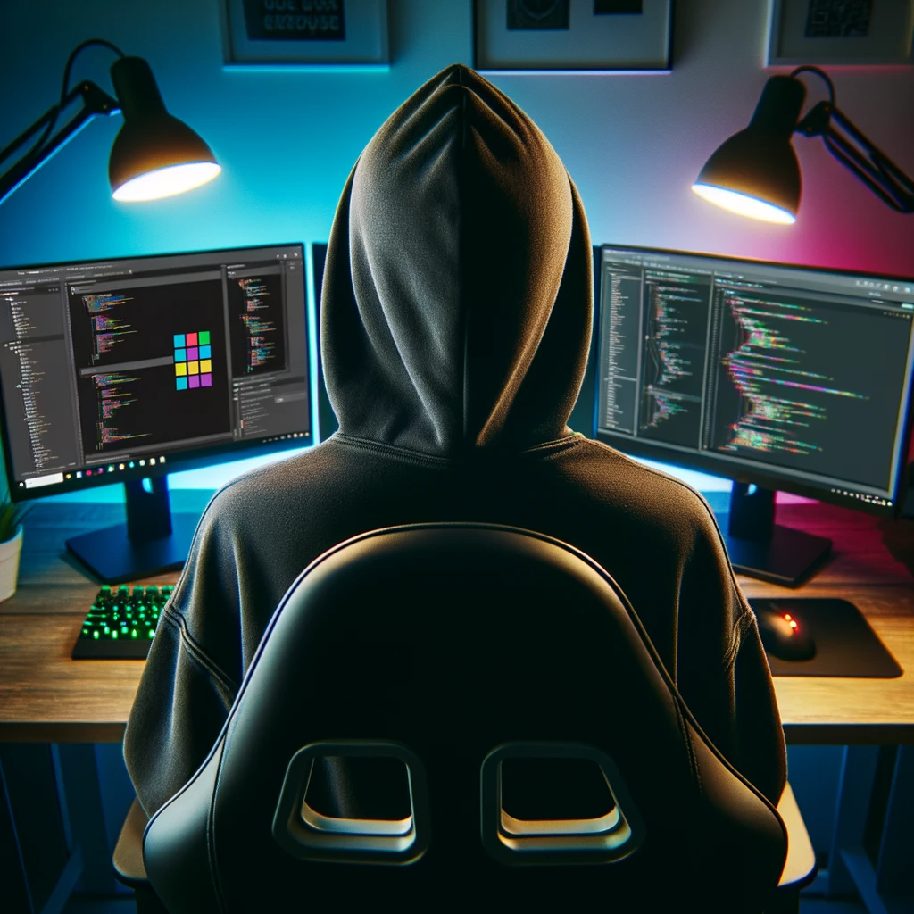 DALL·E 2023-11-02 23.21.15 - Photo of a young man wearing a black hoodie with the hood up, sitting on a gaming chair in front of a triple monitor computer setup. The screens displ